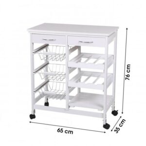 Desserte de Cuisine en Bois Double Couleur Blanc avec 2 Tiroirs 3 Paniers Métal