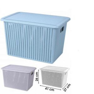 Lot de 2 Paniers Boite Bac de Rangement 35 Litres 1 bleu et 1 Gris en Plastique Rigide Ajourés avec Couvercle