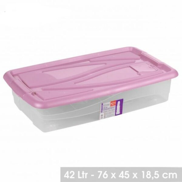 Boite de Rangement Bac Plastique Rose Dessous de Lit 42 Litres Coffre Box Transparent Avec Roulettes