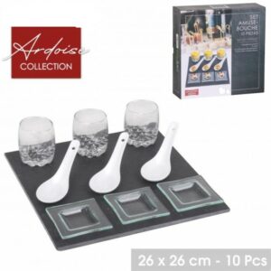 ARDOISE COLLECTION SET AMUSE BOUCHE 10 PCS 3 VERRINES 3 CUILLERES 3 RAVIERS 1 PLAT ARDOISE