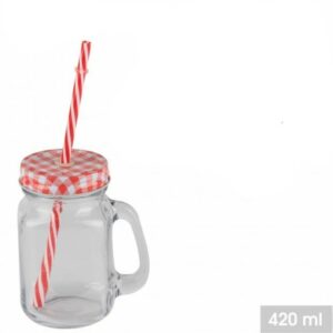 Mini Mug , Mise en Bouche( lot de 6 ) Verrine Tasses en Verre avec Poignée, Couvercle à Visser et Paille en Damier Rouge 420 ML Hapygood pas cher