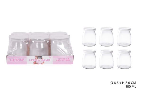 6 Pots à Yaourt Bocaux en Verre 180 ml Avec Couvercle en Plastique