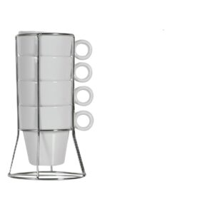 Lot de 4 Tasses à Café Blanche Expresso 22 cl Empilable Avec Support Inox