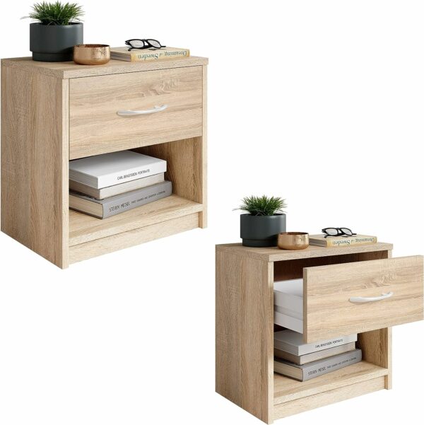 Table de Nuit Chevet en Bois Meuble 1 Tiroir avec Poignée Alu et 1 Compartiment de Rangement – 39 x 31 x H.48 cm