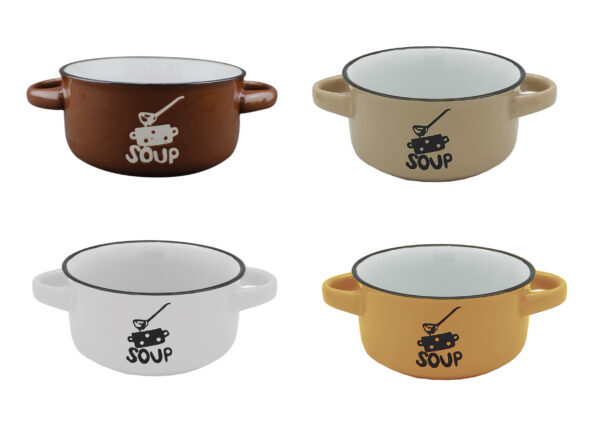 Lot de 4 bols à soupe avec anse ; chaque tasse contient 520 ml et présente 13 cm de diamètre et 7 cm de haut environ